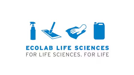 Ecolab life sciences logo with cleaning and sanitation supplies