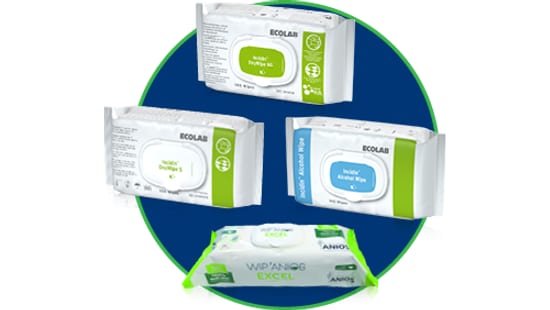 Four packages of Ecolab cleaning wipes arranged in a circle on a dark blue background, featuring various product labels and designs.